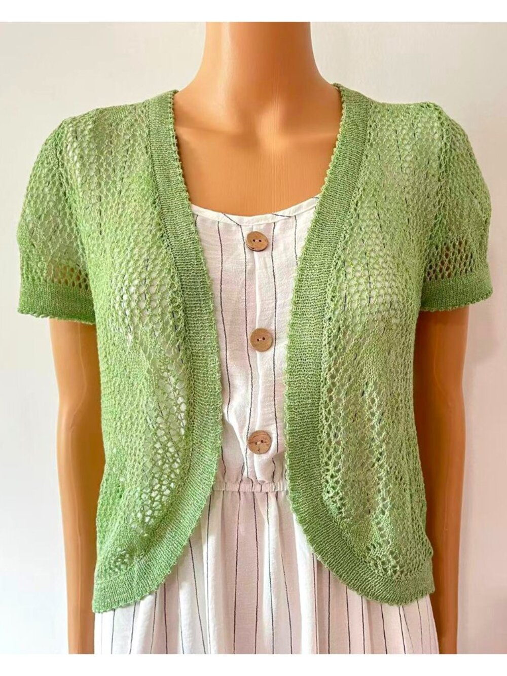 Women Summer Crochet Short Sleeve Shoulder Shrug - One Size, Green